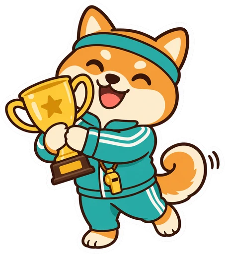 Coach Shiba celebrating with a golden trophy